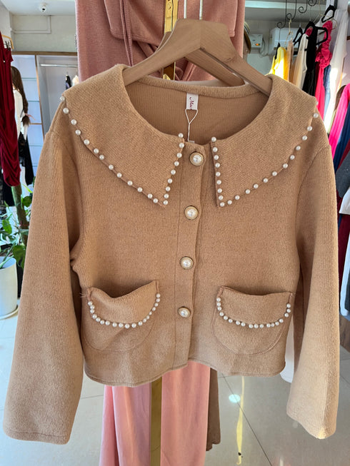 Pearl Decor Peter Pan Collar Cardigan